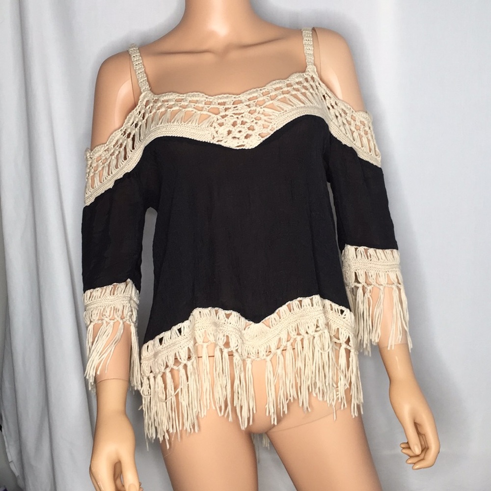 Boho style black fringe blouse/ top